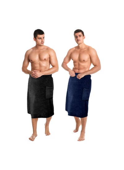 Buy 2 Pieces Men's Body Wrap Towel, Adjustable Sauna Towels, Spa Wrap with Pocket, After Shower Wrap Terry Bath Towels with Velcro Closure, Bath Wrap for Men Shower Bath Gym (Black, Navy Blue) in UAE