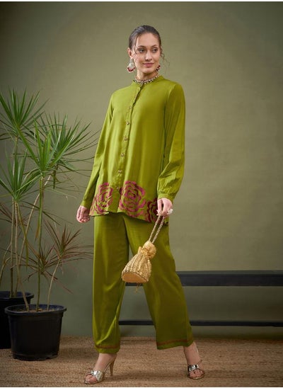 Buy Embroidered Hem Mandarin Collar Shirt & Pants Co-Ord in Saudi Arabia