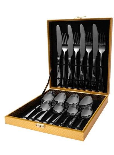Buy 24 Pcs Stainless Steel Reusable Spoon Fork And Knives Black Color Cutlery Set in UAE