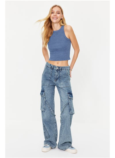 Buy Blue Cargo Pocket High Waist Wide Leg Jeans TWOSS24JE00101 in Egypt