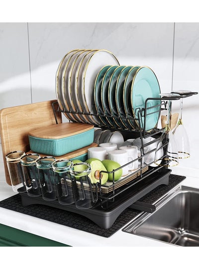 Buy Large Dish Drying Rack Drainboard Set, 2 Tier Stainless Steel Dish Racks with Drainage, Wine Glass Holder, Utensil Holder and Extra Drying Mat, Dish Drainers for Kitchen Counter (Black) in Saudi Arabia