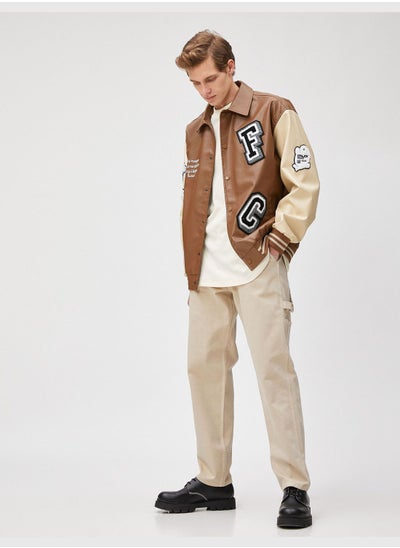 اشتري Varsity Jacket Faux Leather Embroidered Snap Buttoned Classic Neck في الامارات