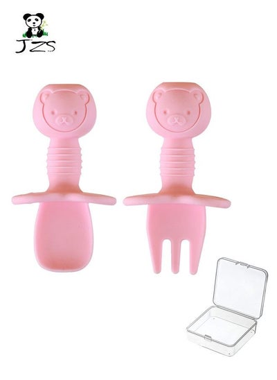 Buy Baby Spoon & Fork Set Silicone Self Feeding Utensil Easy Grip in Saudi Arabia