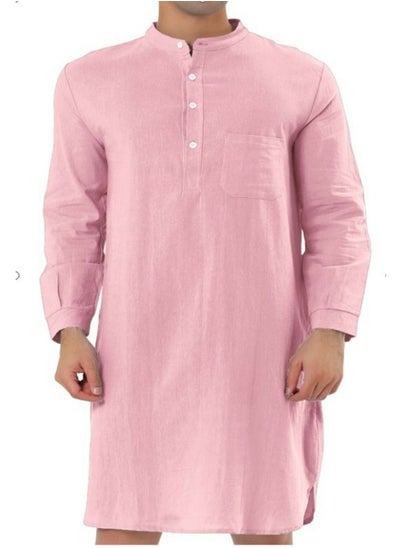 Buy Men's Muslim Stand Collar Robe Thobe Solid Color Long Sleeve Kaftan Casual Shirt Pink in Saudi Arabia