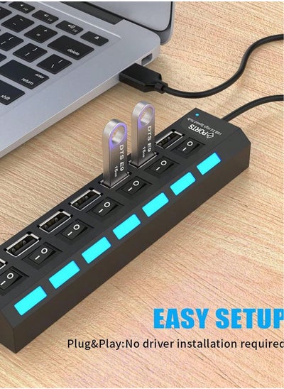 Buy 7-Port USB 2.0 Hub - High-Speed 5Gbps Transfer, Independent Switches & LED Indicators, Compact & Portable, Multi-Device Compatible, Elegant Black Design, Ideal for Office & Home in UAE