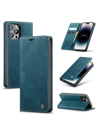 Buy CaseMe iPhone 14 Pro MAX Wallet Case Book Folding Flip Folio Case with Magnetic Kickstand Card Slots Protective Cover - Green in Egypt