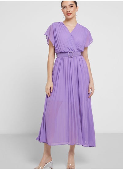 Buy Surplice Neck Pleated Dress in UAE