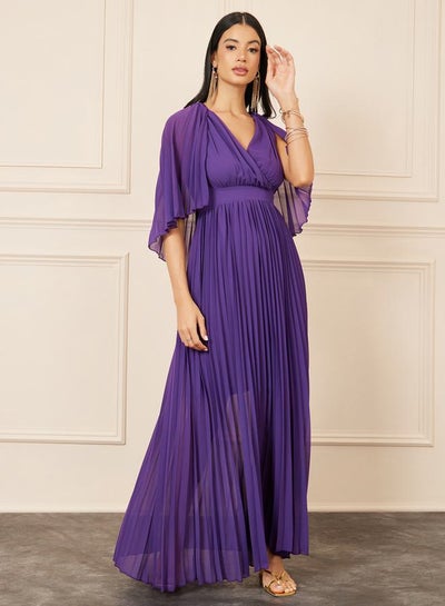 Cape Sleeves Accordion Pleated A-Line Maxi Dress price in Saudi
