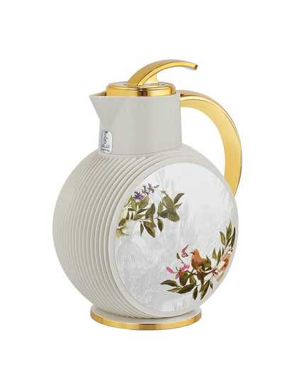 Buy Al-Jawhara thermos, beige, bird pattern, golden hand, 0.9 liters in Saudi Arabia