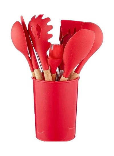 Buy 11- Piece Wooden Handle Non Stick Cookware Spoon Set Red in Egypt