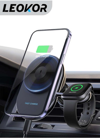 اشتري Ice Cooling Wireless Car Charger Holder for Magsafe, 2 in 1 iPhone 15 Pro Max iWatch 9 Series Ultra SE, Charger Compatible with iPhone 15/14/13/12 Series, Detachable Watch Charger في السعودية