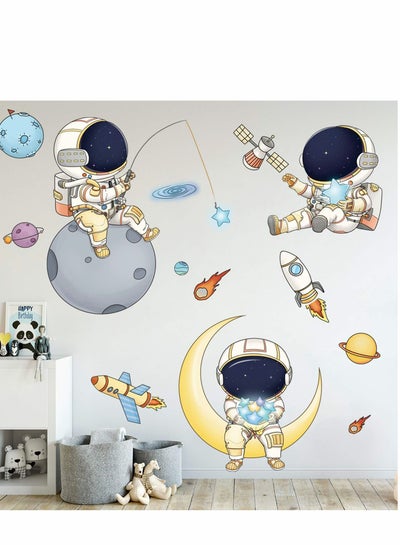 Buy Astronaut Wall Stickers Planet Space Walk Spaceship DIY Art Vinyl Removable Murals Decals, Cute Cartoon Spaceman Cosmonaut Wallpaper for Kids Boys Bedroom Playing Room in Saudi Arabia