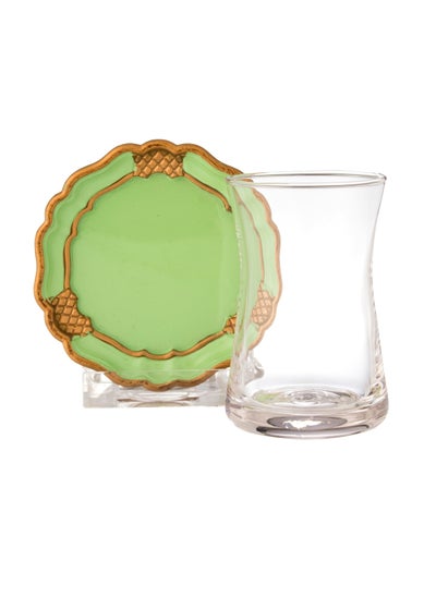 Buy A Set Of Glass Tea Cups With A Wooden Saucer For Green Color 6 Tea Cups + 6 Tea Saucers in Saudi Arabia