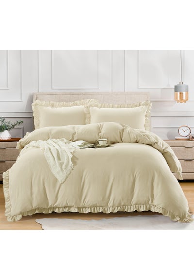 Buy Duvet Set 4-Pcs Double Size Ruffled Super Soft Solid Comforter Cover Without Filler With Hidden Zipper Closure and Corner Ties Beige in Saudi Arabia