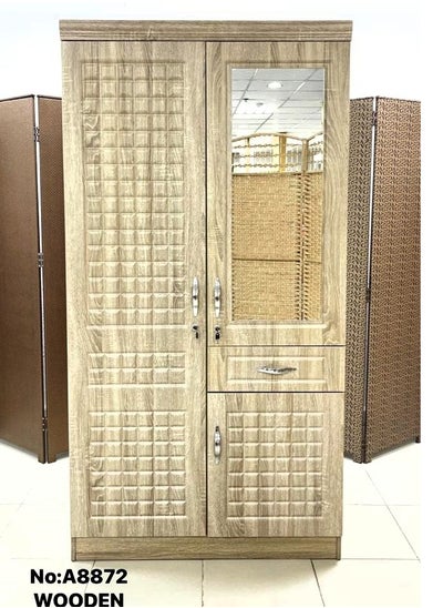 Buy Wooden Two Door Wardrobe With Mirror And 2 Drawer 100*194*48 CM in Saudi Arabia