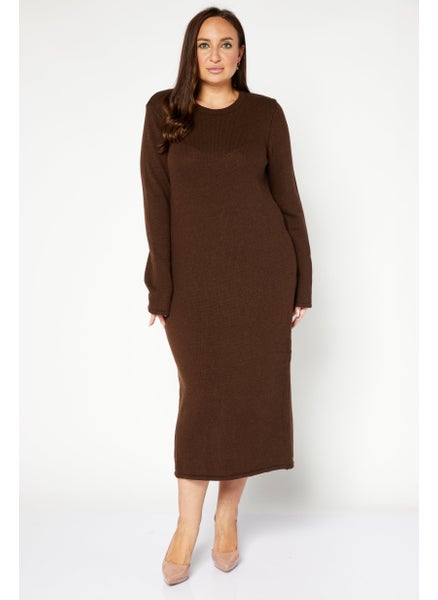 Buy Women Long Sleeve Ribbed Midi Dress, Brown in Saudi Arabia