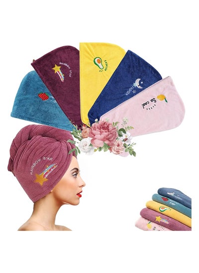 Buy 5 Pack Microfiber Hair Drying Towel Super Absorbent Instant Dry Wrap with Button Anti Frizz Soft Bath Shower Cap Head for Girls Women Ladies Kids Long Thick Quickly in UAE