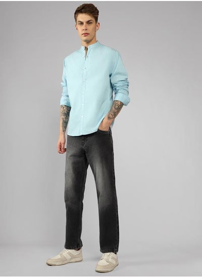 Buy Regular Fit Blue Cotton Casual Shirt Mandarin Collar in UAE