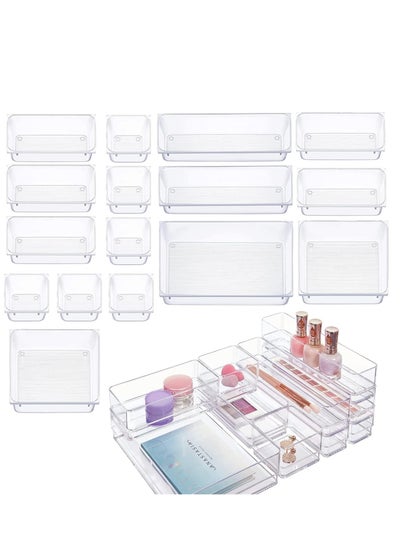 اشتري 16 Pcs Desk Drawer Organizers Trays Set Clear Plastic Storage Bins Bathroom Drawer Tray Dividers Vanity Trays Organizer for Bedroom Dresser Makeup Kitchen Utensil Office في الامارات