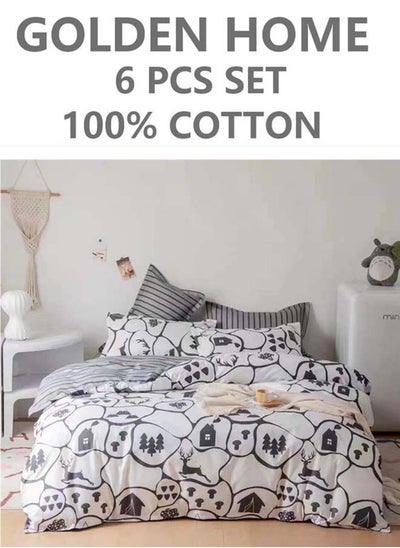 Buy 6-Piece Printed Combination King Size Duvet Cover Set  Includes 1xFitted Bedsheet 200x200+30cm, 1xDuvet Cover 220x240 cm, 2xPillowcase 55x80cm, 2xCushion Case 45x70cm Cotton in UAE