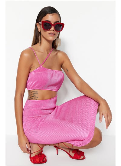 Buy Pink Knitted Window/Cut Out Detailed Textured Elegant Evening Dress TPRSS23EL00152 in Egypt