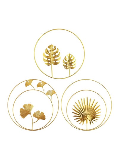 Buy Elegant Gold Leaf Wall Art Set - 3Pcs Metal Decor for Bedroom & Hotel, Featuring Ginkgo, Maple & Monstera Leaves, Easy to Install in UAE