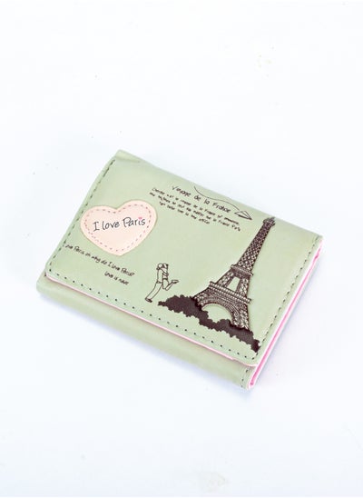 اشتري Leather Flip Wallet & Card Holder with 7 Pockets and Zipped Pocket Green - Eiffel Tower في مصر