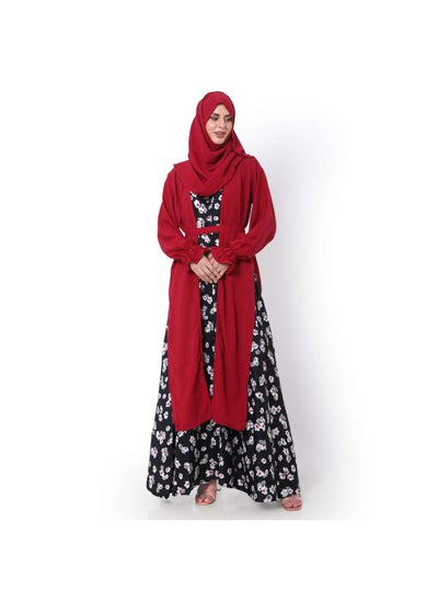 Buy MODEST PRINTED DRESS WITH SOLID COLOUR LONG JACKET AND BELT STYLISH ARABIC KAFTAN JALABIYA in Saudi Arabia