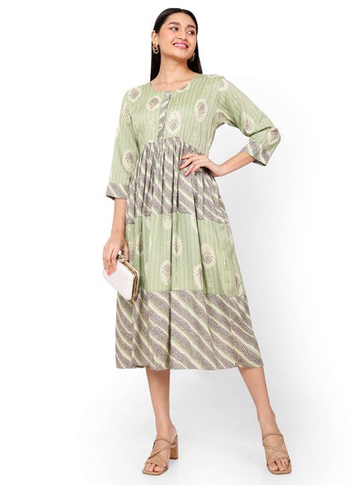 اشتري FRONT STYLED BUTTONED SOFT VISCOSE GREEN COLOUR SHORT PRINTED CASUAL ARABIC KAFTAN JALABIYA DRESS في السعودية