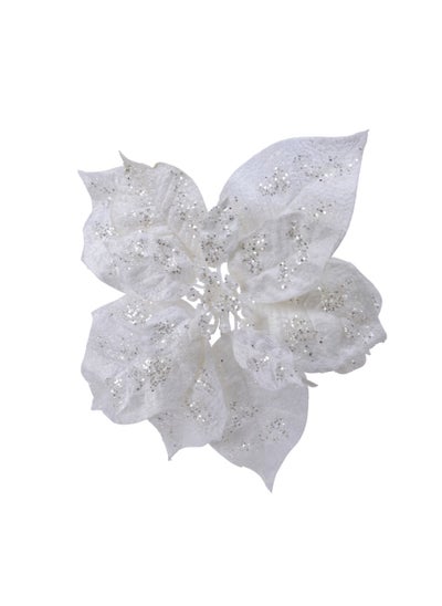 Buy Kaemingk Poinsettia On Clip Polyester Glitter White in UAE