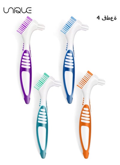 Buy Denture Brush, 4PCS Denture Toothbrush, Double-sided Design Denture Toothbrush with Multi-layer Bristles and Rubber Non-Slip Handle for Denture Cleaning Care, Green, Purple, Blue, Orange in UAE