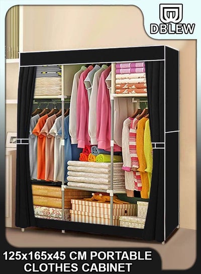 Buy Portable 125Cm Closets Folding Wardrobe with 3 Hanging Rods and 6 Storage Organizer Rack Shelves Non-Woven Fabric Stable Shelf and Easy Assembly For Clothes Strong and Durable Cabinet in UAE