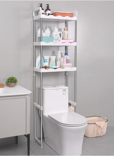 Buy Multipurpose 3-Tier Over the Toilet Shelf, Freestanding Bathroom Organizer with Hooks, Stainless Steel Space-Saving Rack, 30kg Capacity in UAE