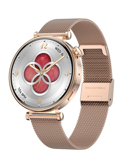 Buy 1.3 Inch AMOLED women smart watch with gold and pink band , constant display , incoming call notifications in Saudi Arabia