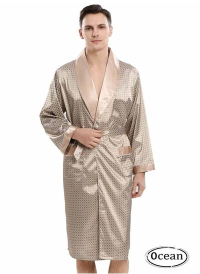 Buy Men's Satin Robe Super Lightweight Kimono (Khaki), V-Neck Print Design,Fashionable And High-End, with Simple Pockets, Practical And Beautiful, Suitable for Wearing At Home And Business Trip in Saudi Arabia