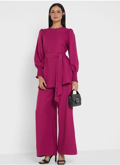 Buy Puff Sleeve Ruched Tie Detail Top& Pants Set in UAE