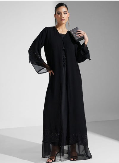 Buy Embellished Black Flared Sleeve Abaya With Sheila in UAE