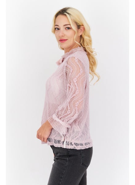 اشتري Women Ruffle Neck 3/4 Sleeves Textured Top, Pink في الامارات