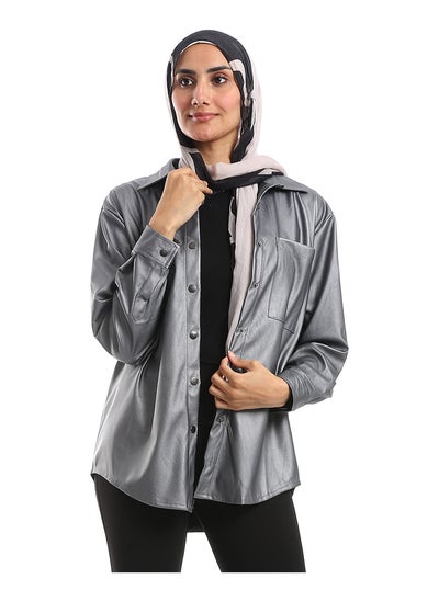 Buy Press Buttons Closure Leather Shirt - Stone Grey in Egypt