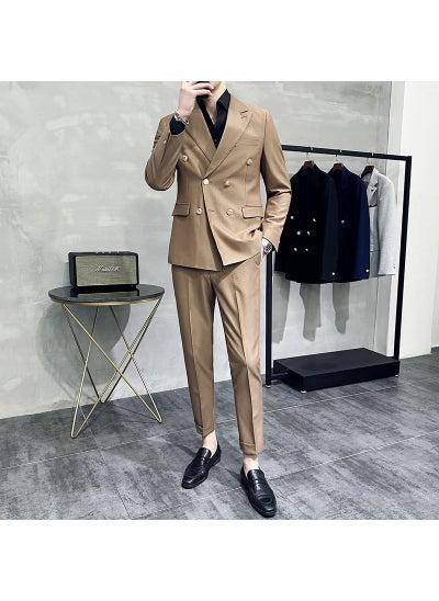 اشتري Elegant Double-Breasted Suit Set Mens Casual Business Khaki في السعودية