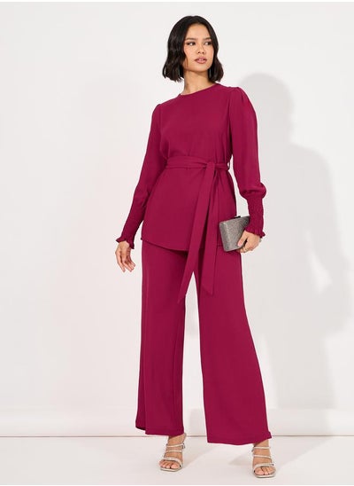 Buy Solid Cuff Sleeves Longline Top & Wide Leg Pants Modest Set in Saudi Arabia