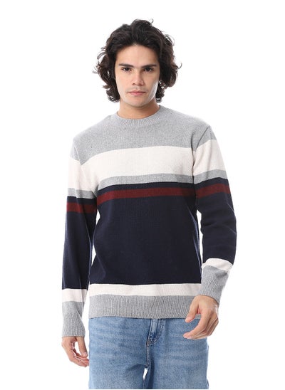 Buy Ribbed Cuffs Rounf Collar Hem Pullover_Grey & Navy Blue in Egypt