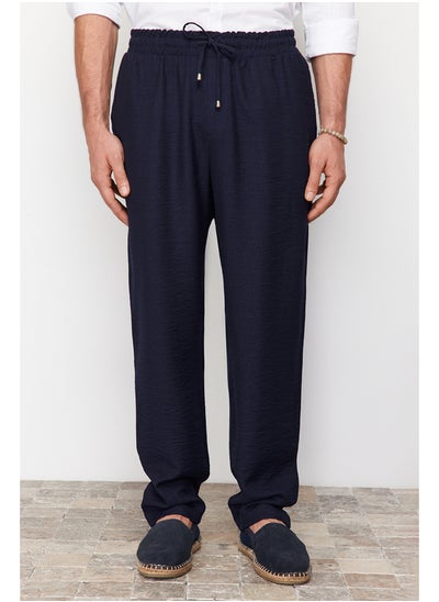 اشتري Navy Blue Men's Tapered Elastic Waisted Linen Look Trousers في مصر