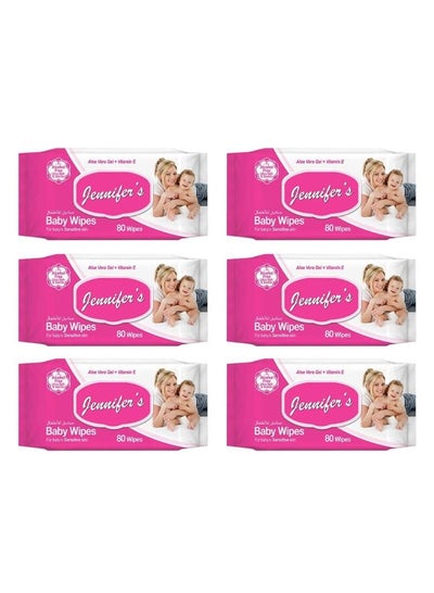 Buy Baby Wipes For Sensitive Skin With Aloevera And Vitamin E 80's Pack Of 6 in UAE
