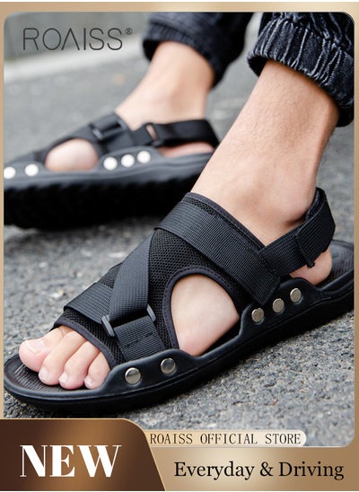 Buy Trendy Open Toe Outdoor Sandals for Men with Velcro Heel Lightweight Breathable Cool Non-slip Beach Slippers Comfortable Wear-Resistant Shockproof Driving Flat Shoes with Elastic Soft Sole in UAE