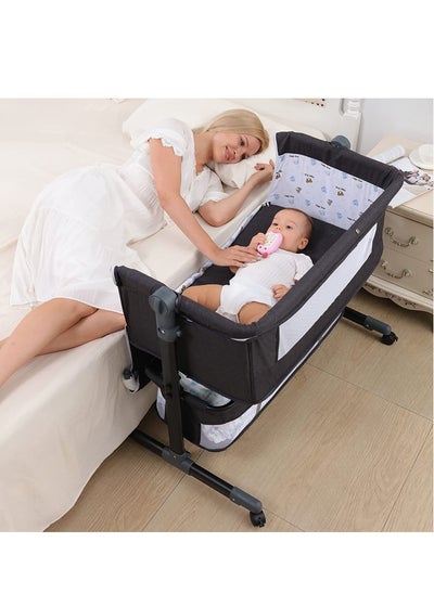 اشتري Baby Bassinet Bedside Sleeper Bedside Crib Easy Folding Portable Crib Travel Baby Bed with Adjustable Heigh Breathable Net and Grey Mattress في الامارات