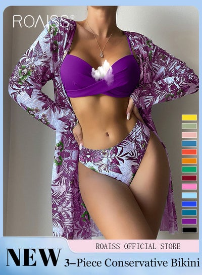 Buy Women 3 Piece Swimwear Set Printed Cover Up & Solid Color Bikini Top & Printed Bikini Bottoms Quick Drying Fabric Moisture Wicking and Breathable Provides Coverage and Modesty without being Revealing in Saudi Arabia