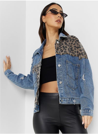 Buy Leopard Print Detail Denim Jacket in Saudi Arabia