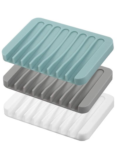 اشتري Self Draining Soap Dish, 3 Pack Silicone Soap Dish, Waterfall Drain Soap Holder for Bathroom, Extend Soap Life, Keep Soap Bars Dry Clean and Easy to Clean (White, Gray, Teal) في السعودية