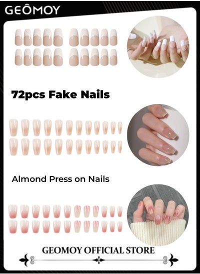 Buy 3 Packs 72pcs  Almond Press on Nails Long French Tip Fake Nails Tip Full Cover False Nails Acrylic Artificial Nails for Women in UAE